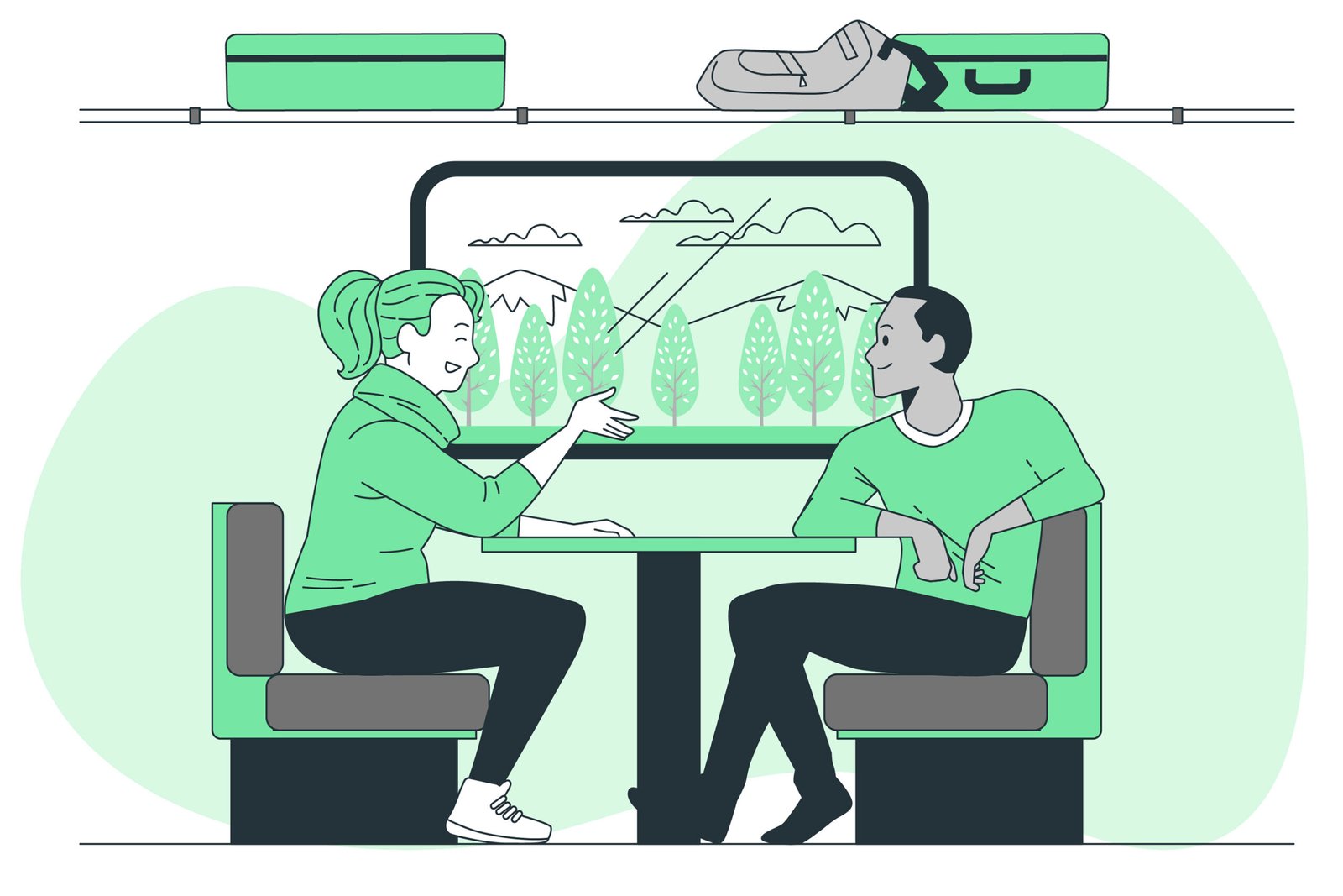 Ilustración dos personas conversando placenteramente en un viaje en tren