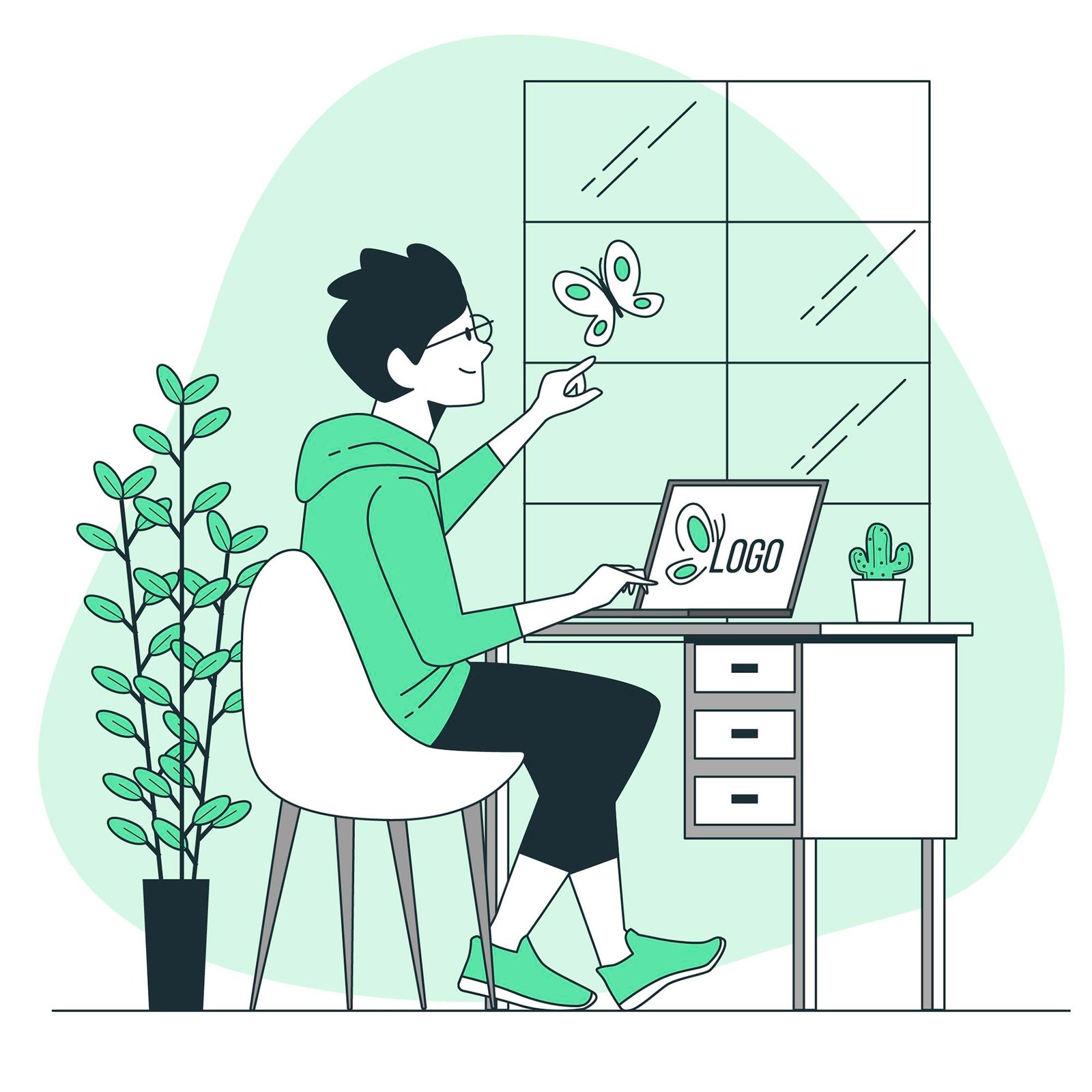 Ilustración: una personas sentada frente a su notebook diseñando una marca